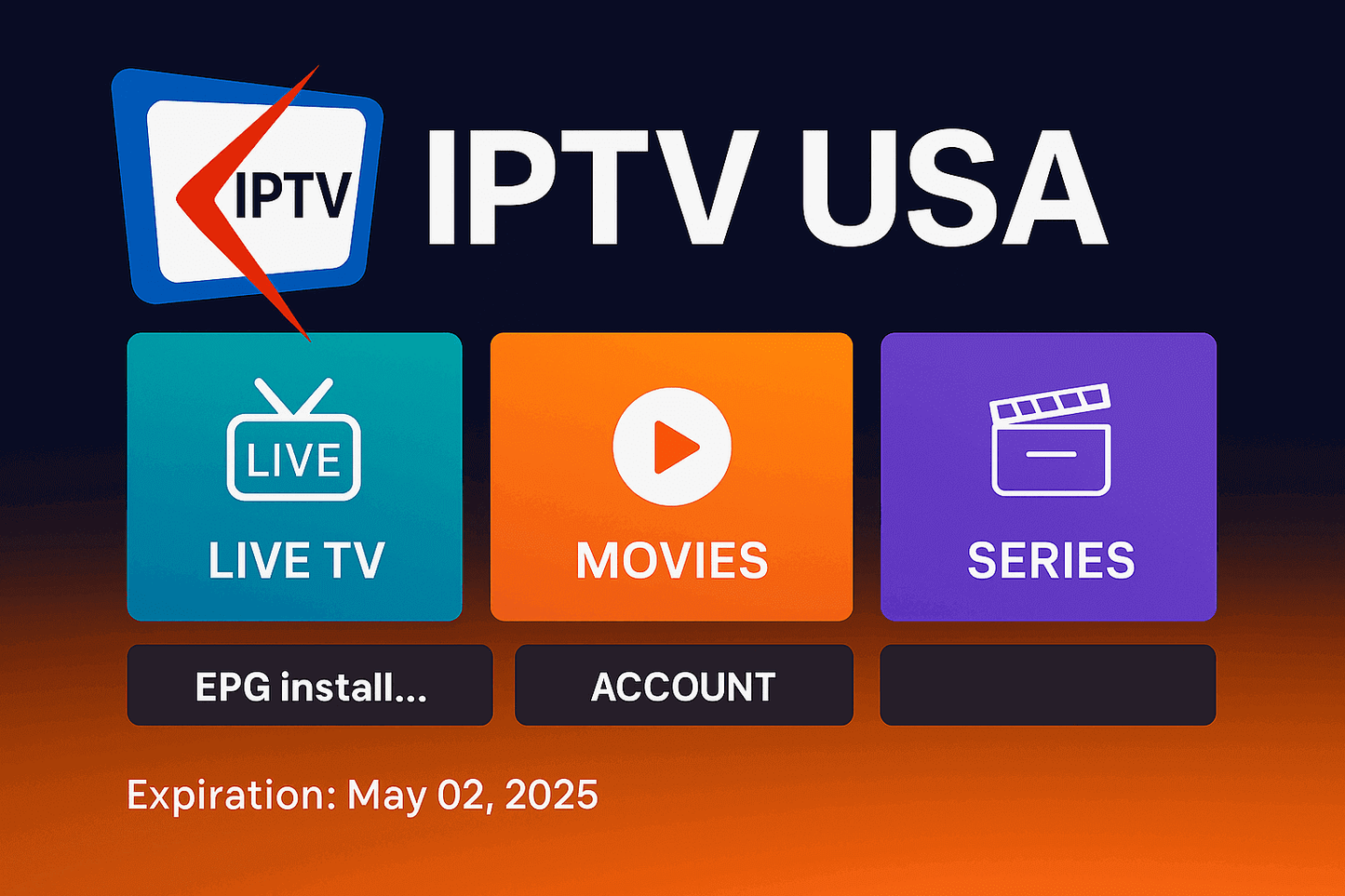 IPTV USA interface showcasing live TV, movies, and series options. Enjoy HD streaming—Buy USA IPTV subscription now!