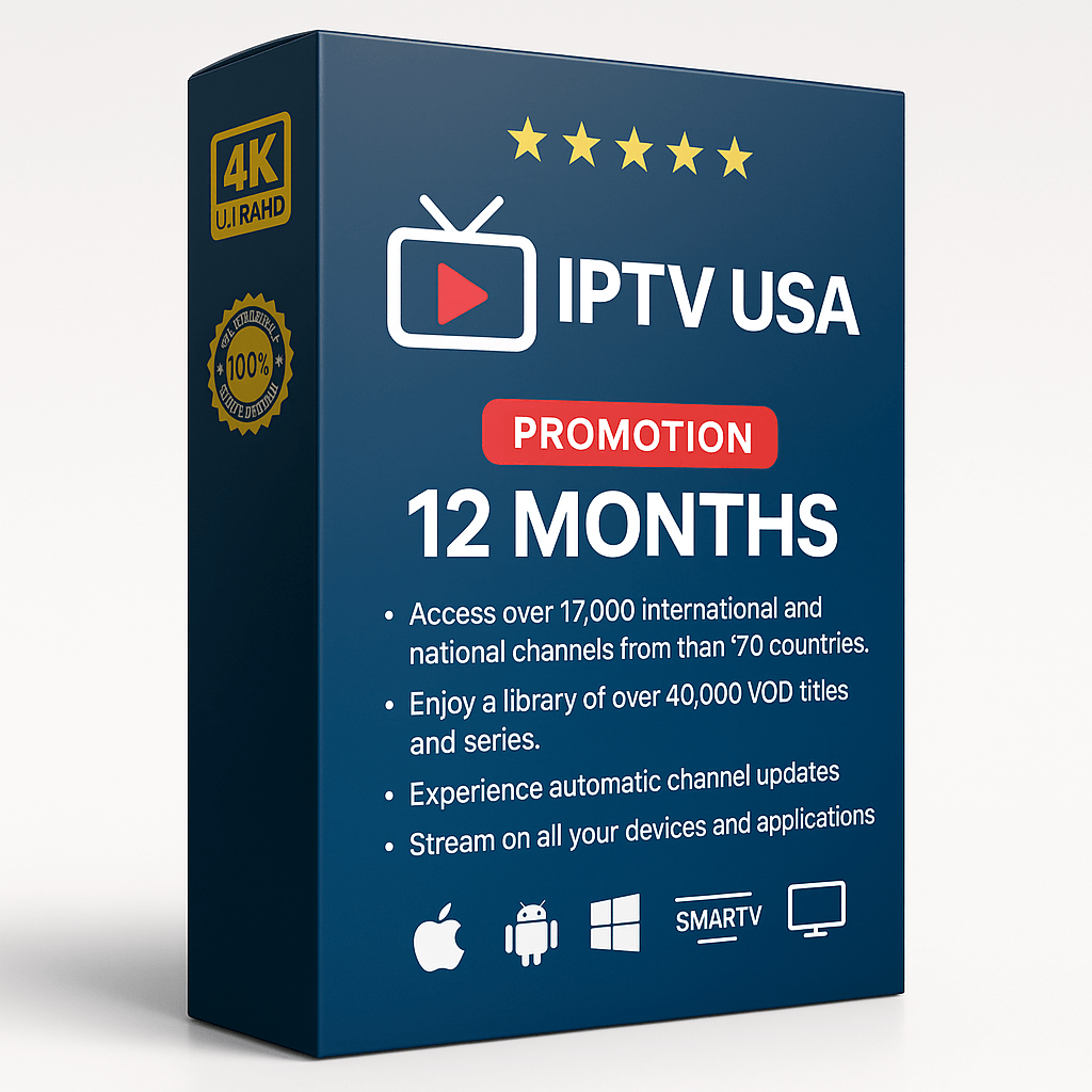 IPTV USA 12-Month Subscription Promotion Box – Full-year access to 17,000+ global channels and 40,000+ movies and series. Stream in HD/4K on all devices: iOS, Android, Firestick, Smart TVs, and PCs.