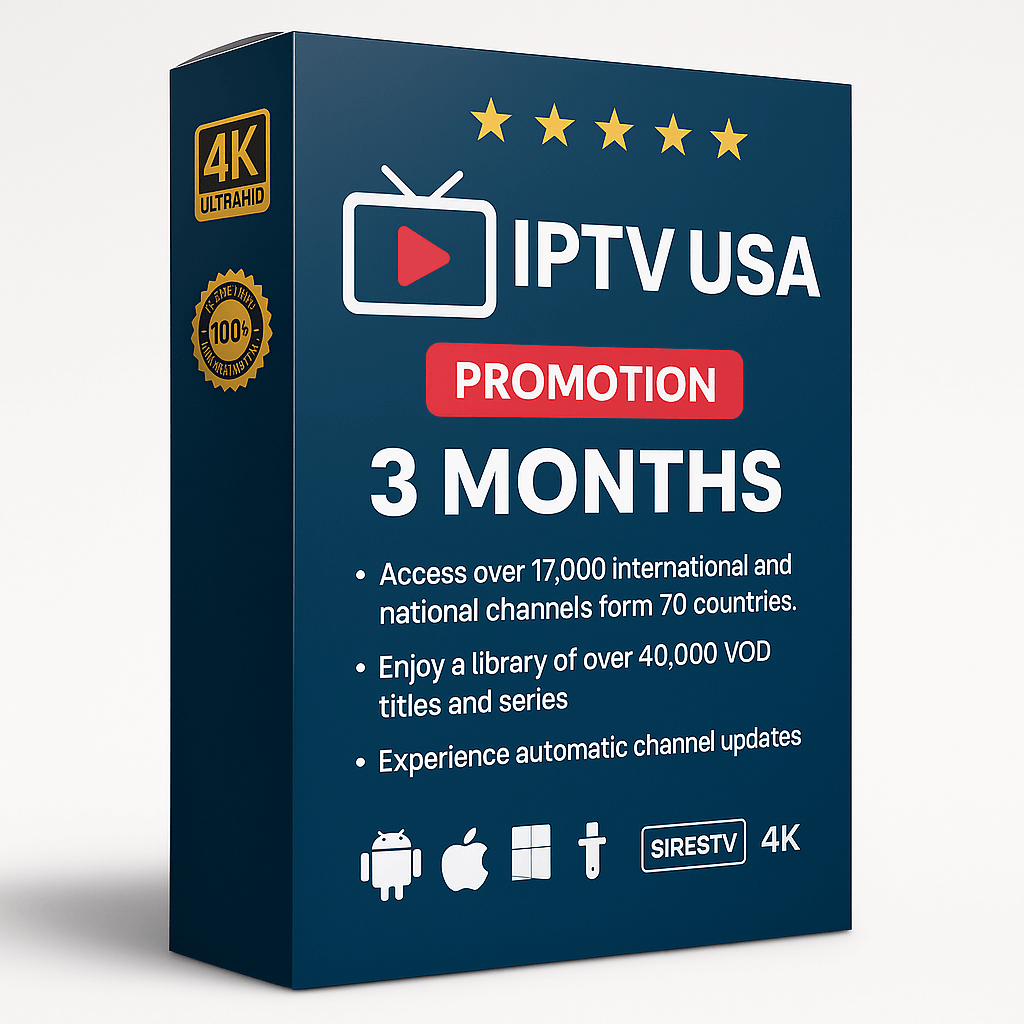 IPTV USA 3-Month Subscription Box – Access 17,000+ live channels and 40,000+ VOD titles in 4K Ultra HD. Includes smart TV, Android, iOS, Firestick, and Windows support with instant activation and no VPN required.