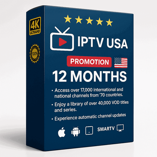 "USA IPTV 12-Month Subscription – Watch 20,000+ live channels, 4K sports, movies, news & international TV with IPTV Smarters Pro on Firestick, Smart TV & Android. Instant activation, no contract."

