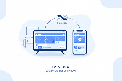 A clean, modern product illustration for a 2-Device IPTV USA subscription, minimal flat design, white background with soft light blue accents.

The image shows two active devices streaming IPTV at the same time: a smart TV in a living room and a smartphone, both displaying live TV and sports content.

Include a subtle label or visual indicator showing “2 Devices” without excessive text.
Use a consistent blue theme (#2563EB), rounded device frames, simple UI screens, and soft shadows only.

No gradients, no 