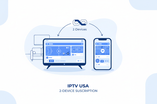 A clean, modern product illustration for a 2-Device IPTV USA subscription, minimal flat design, white background with soft light blue accents.

The image shows two active devices streaming IPTV at the same time: a smart TV in a living room and a smartphone, both displaying live TV and sports content.

Include a subtle label or visual indicator showing “2 Devices” without excessive text.
Use a consistent blue theme (#2563EB), rounded device frames, simple UI screens, and soft shadows only.

No gradients, no 