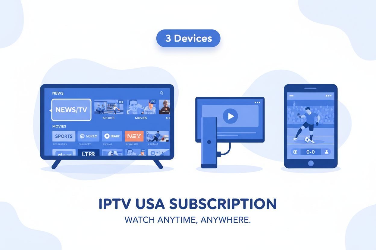 A clean, modern product illustration for a 3-Device IPTV USA subscription, minimal flat design, white background with soft light blue accents.

The image shows three devices streaming simultaneously: a smart TV, a Firestick-style streaming device connected to a TV, and a smartphone or tablet, all displaying IPTV live TV, movies, and sports.

Include a subtle visual indicator showing “3 Devices” in a clean, non-intrusive way.
Consistent blue theme (#2563EB), rounded elements, soft shadows only, no gradients.